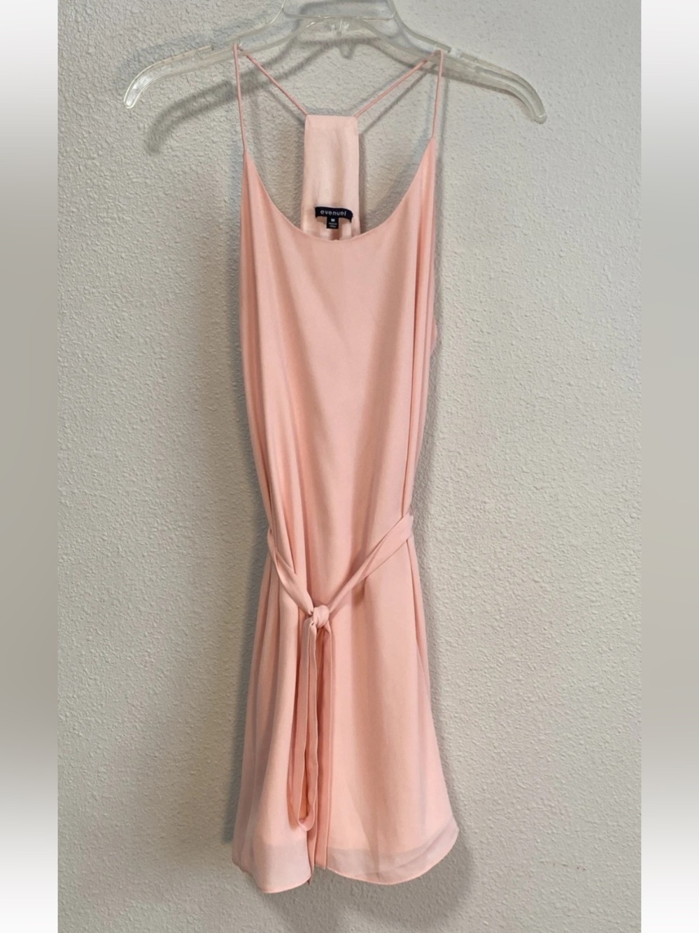 Evenuel Woman's Spaghetti Straps Mini Dress, Lined Peach/Pink Medium Belted